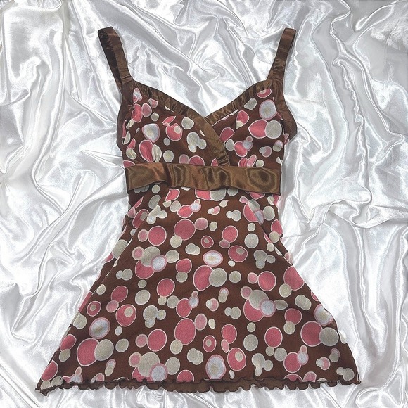 INC International Concepts Tops - y2k Babydoll Camisole Brown Pink Polka Dot Mesh Satin Trim INC Top